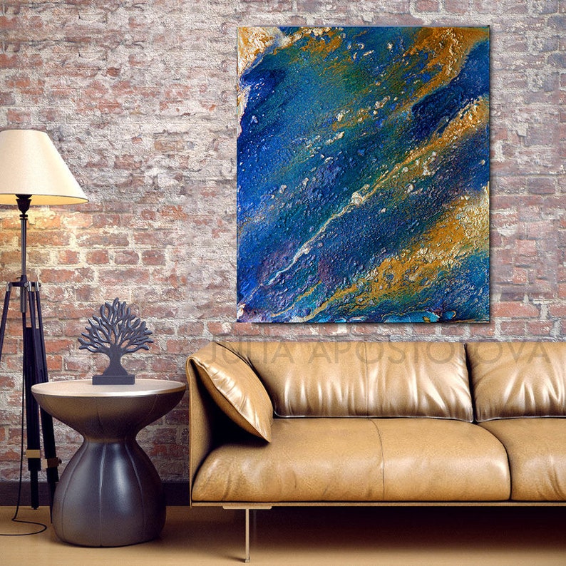 Navy and Gold Art Gold Leaf Abstract Canvas Art Print Navy Etsy