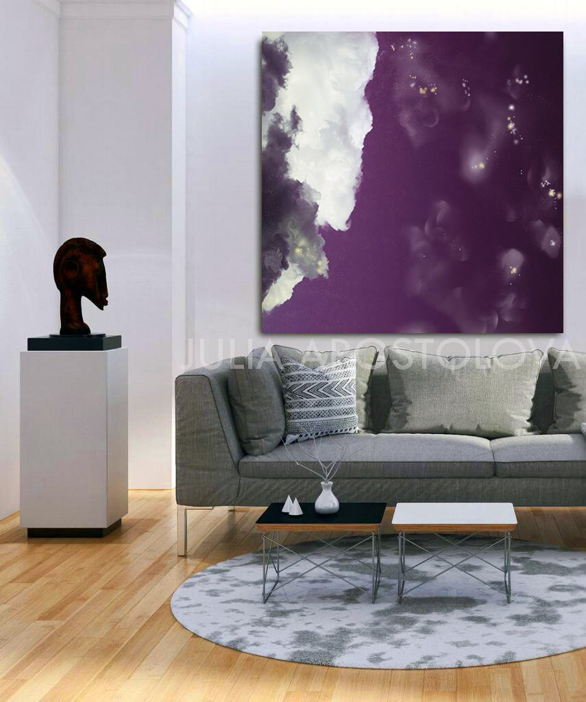 Dark Purple Wall Art Cloud Painting Large Wrapped Canvas Etsy
