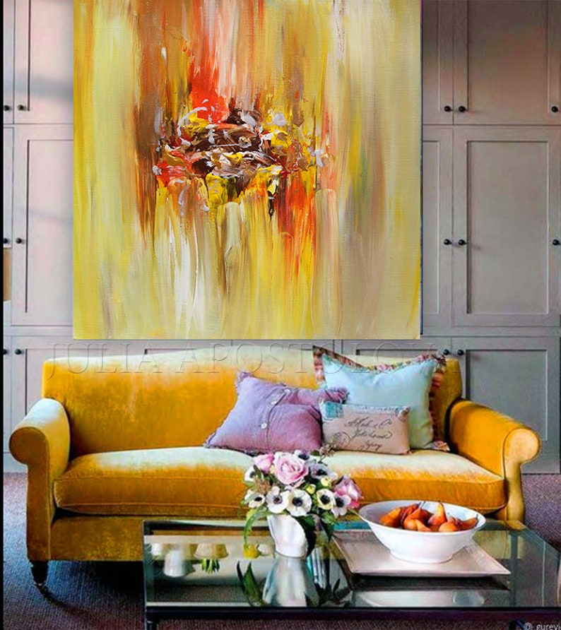 Bright Yellow Brown Art, Abstract Painting, Modern Boho Decor, Minimalist Art Boho Chic Style, Large Canvas Art by Julia Apostolova image 6