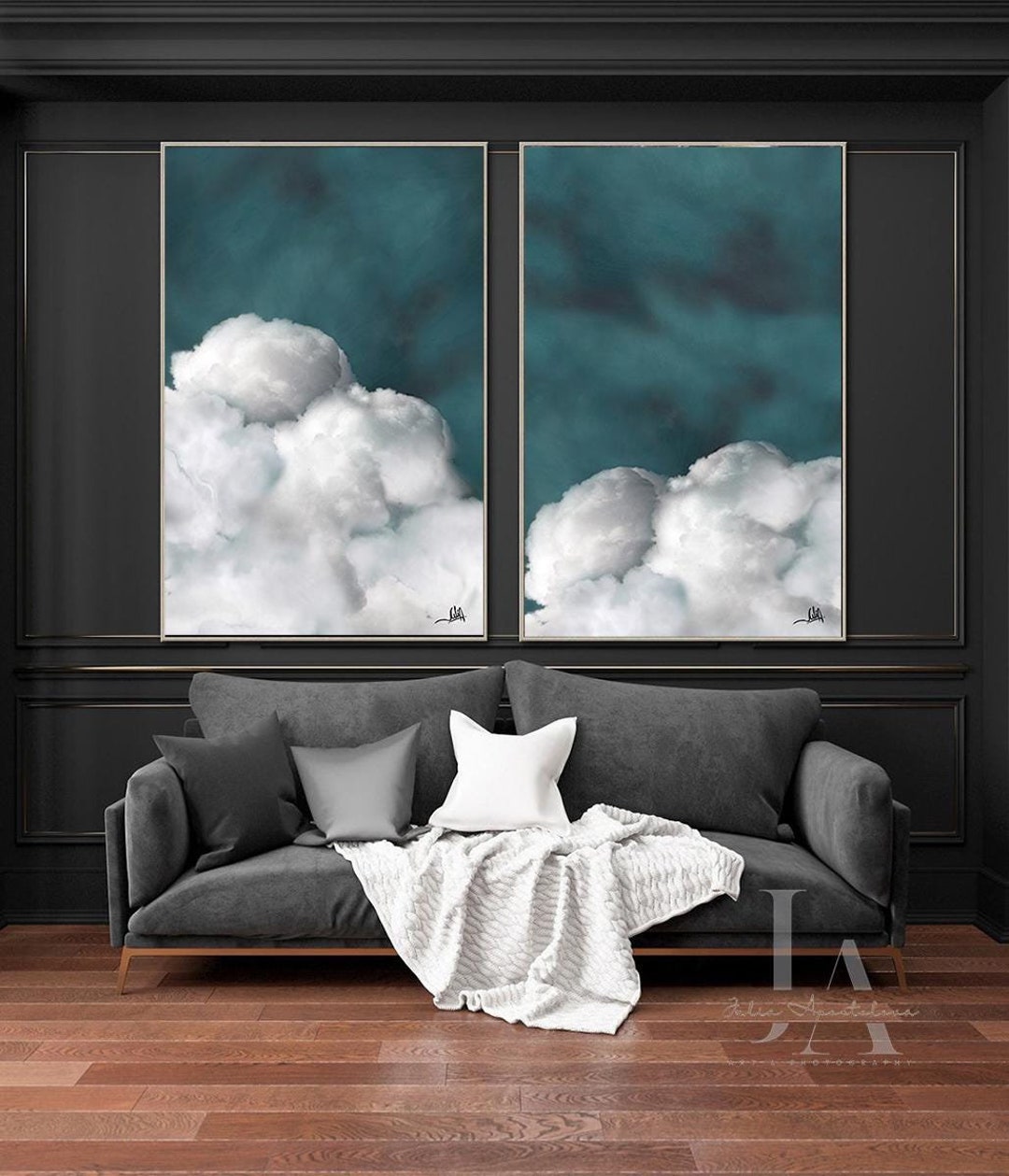 Teal Wall Art Set Cloud Paintings: Modern Minimalist Canvas Prints for ...