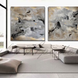 45'', Watercolor Abstract Print,Goldleaf, Gold and Black Art, Large Wall Art, Gray Gold Art for Large Spaces, Gray Painting Canvas by Julia image 5