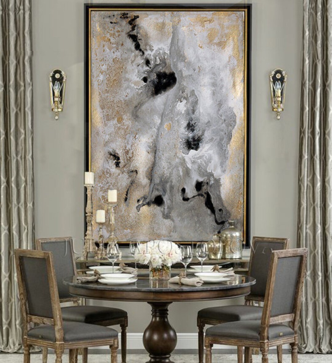 Large Gold Leaf Abstract Painting – Neutral Wall Art, Framed Canvas ...