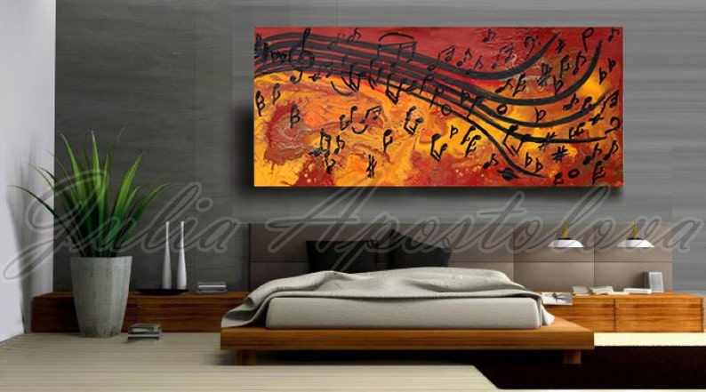 Abstract Print, Musical Notes, Music painting, Abstract music art print, Modern Art Print on Canvas, Orange, Yellow, Black, Large Wall Decor image 3