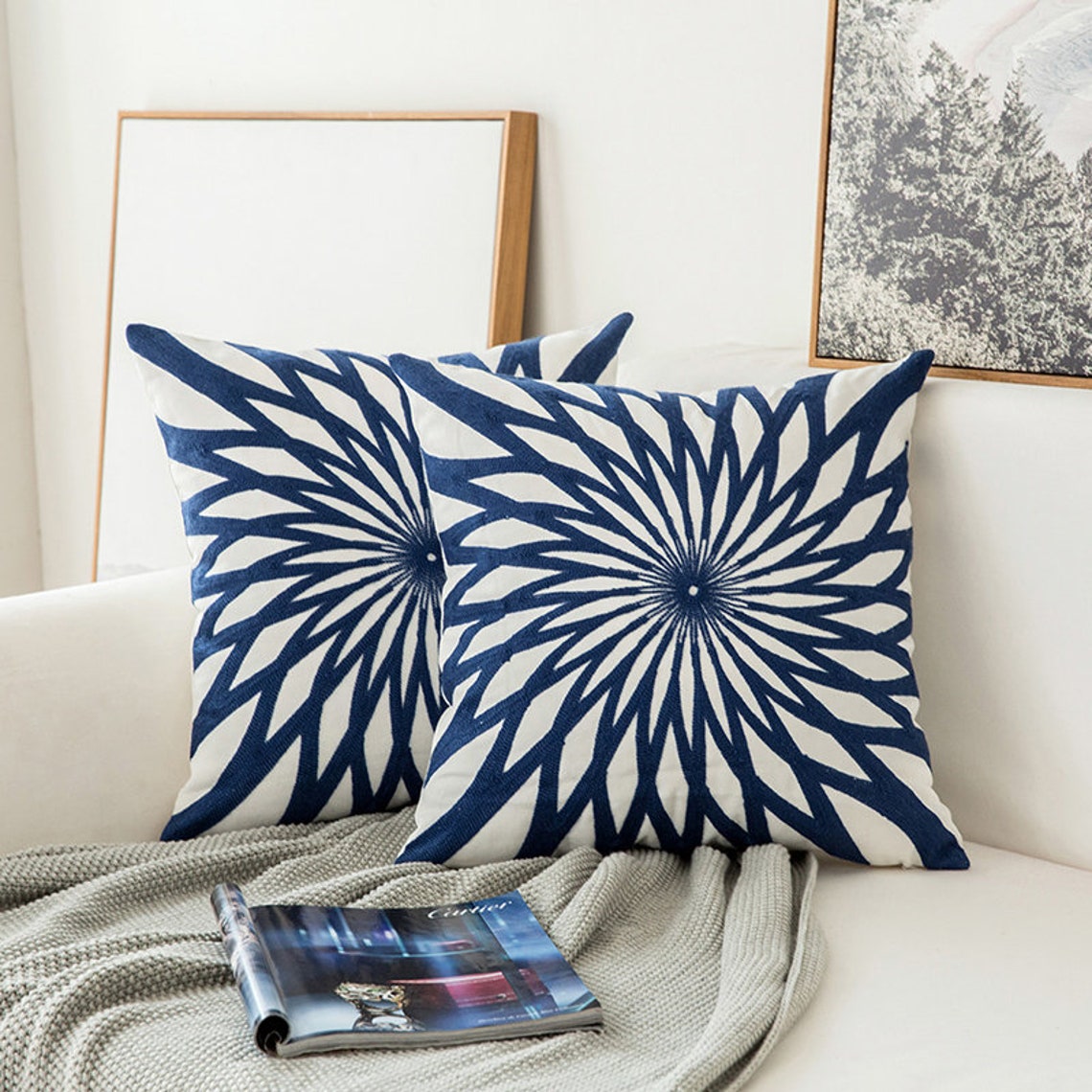 Cushion cover Navy blue geometric blue embroided pillow chair Etsy