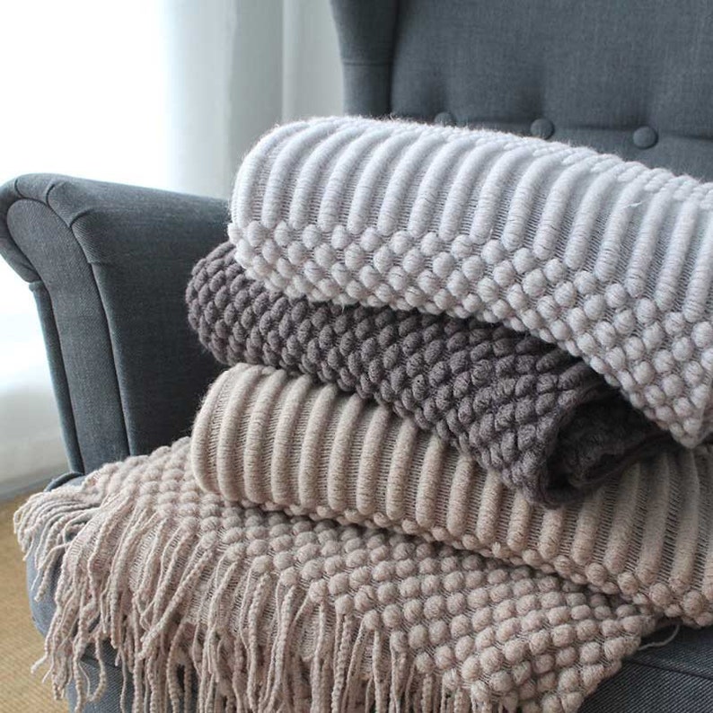 Nordic Knitted Blanket Travel Blanket Grey Khaki Sofa Throw Etsy