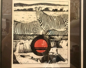 Large Artist Signed Framed Print 1977 'Zebra, Circle, Water'
