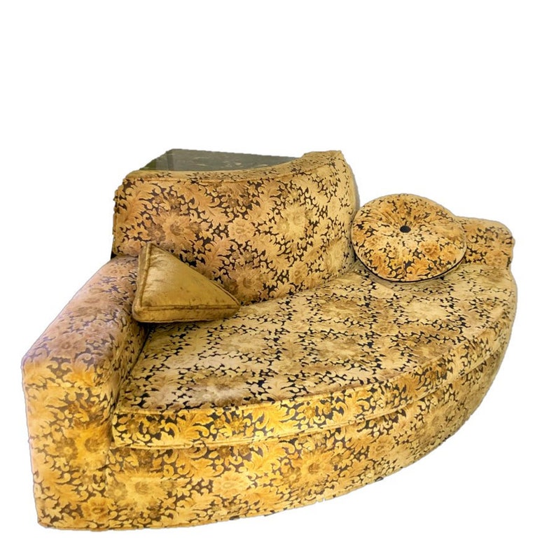 Gold Velvet Damask Round Corner Loveseat with Built In Table