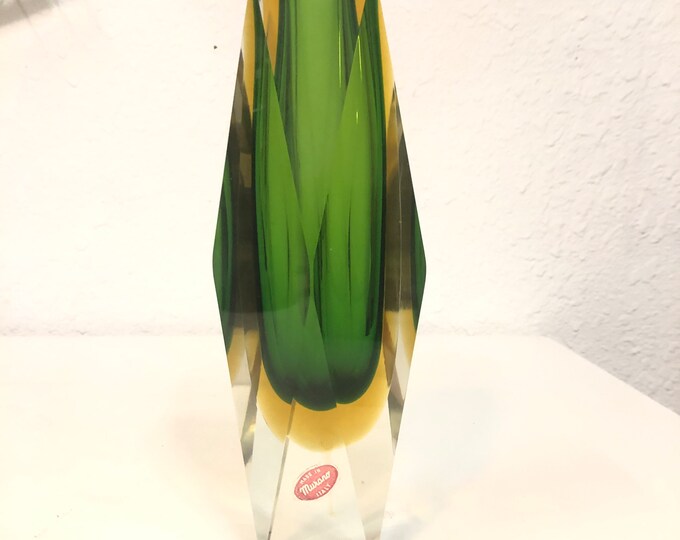 Murano Green & Gold Glass Prism Vase Etsy