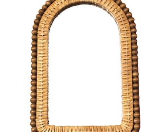 Vintage Arched Wall Mirror | Rattan and Wooden Bead Frame