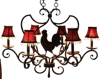 Rustic French Country Wrought Iron Rooster Chandelier