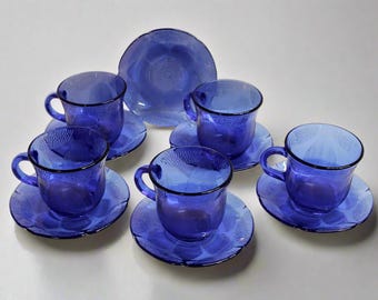 Blue Glass Sunflower Cups with Saucers by Forte Crisa | 11 pieces