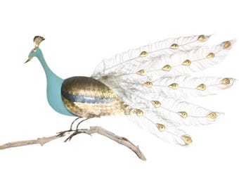 Large 1960s  Peacock Wall Sculpture with Mesh Jeweled Tail
