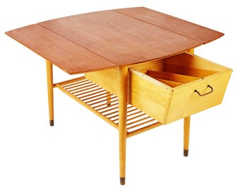 Small Mid Century Handcrafted Drop Leaf Table with Wine Storage