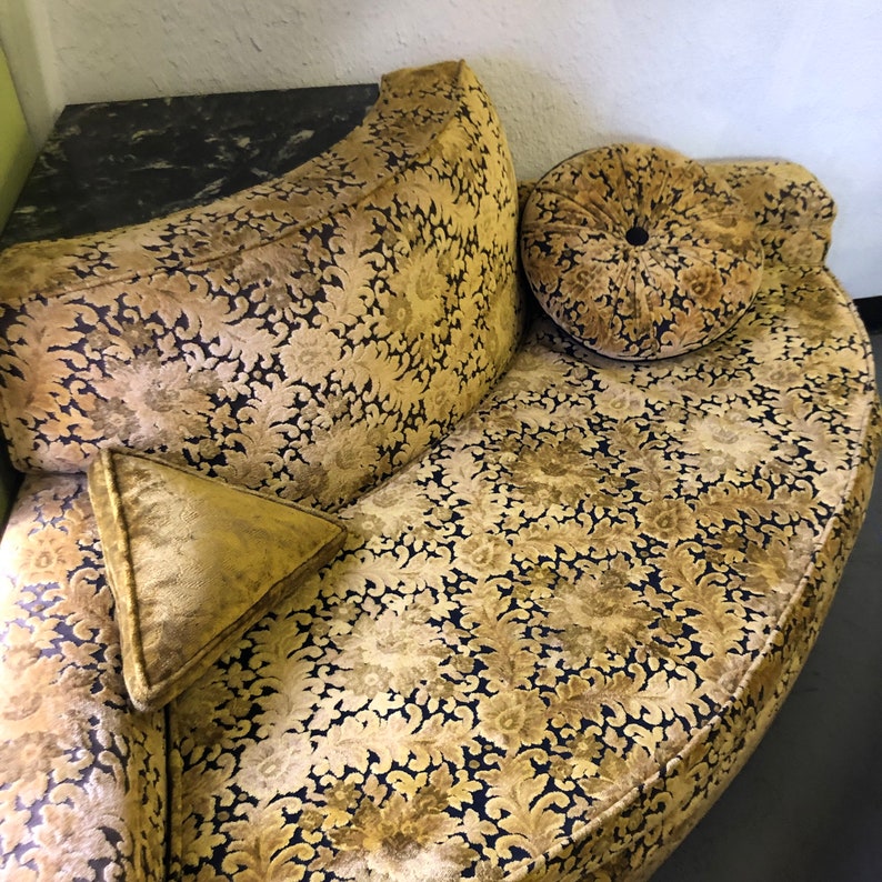 Gold Velvet Damask Round Corner Loveseat with Built In Table