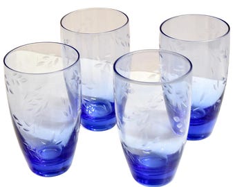 SET of 4 Large Etched Blue Drinkware Glasses | Pfaltzgraff | 24 Oz