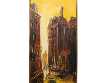 1970s Large Signed Painting on Canvas of Buildings on Canal