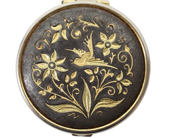 Vintage Spanish Damascene Pill Box – Hand-Inlaid Gold Bird & Floral Design