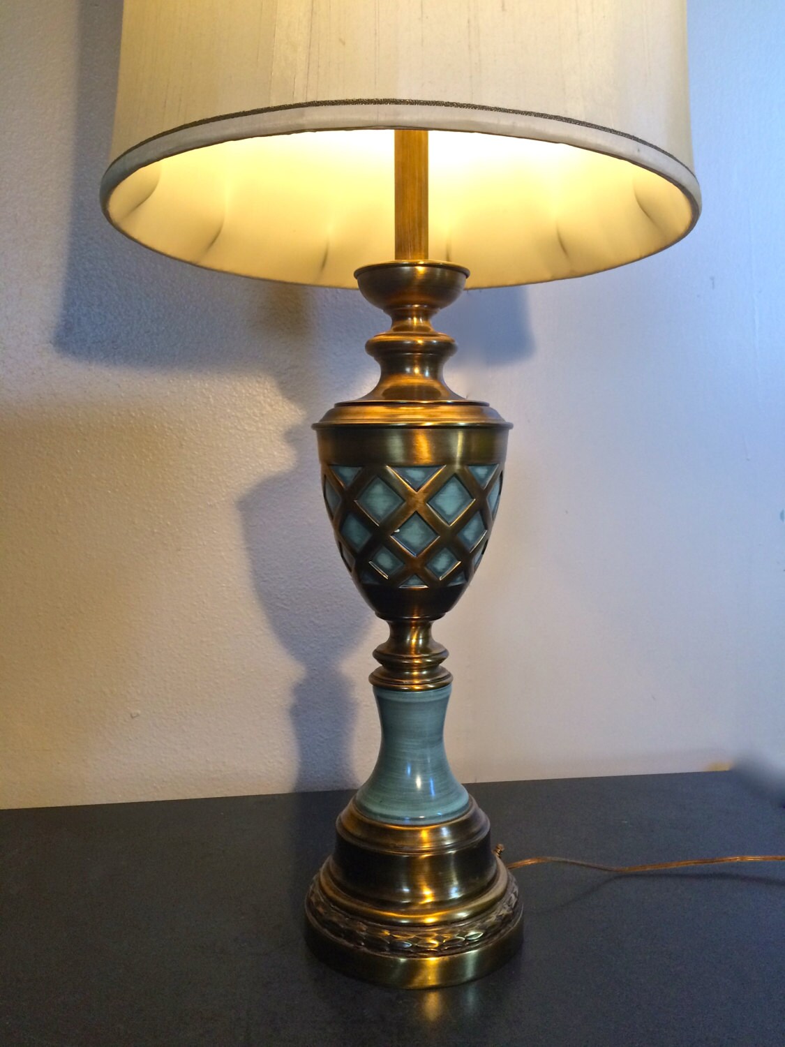 TALL Rembrandt Lamp Blue and Brass with White Glass Torchiere Etsy