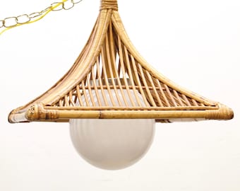 Large Vintage Bamboo Square Swag Lamp with Glass Orb