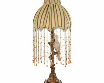 Tall Vintage Cockatoo Table Lamp | Beaded Dome Shade