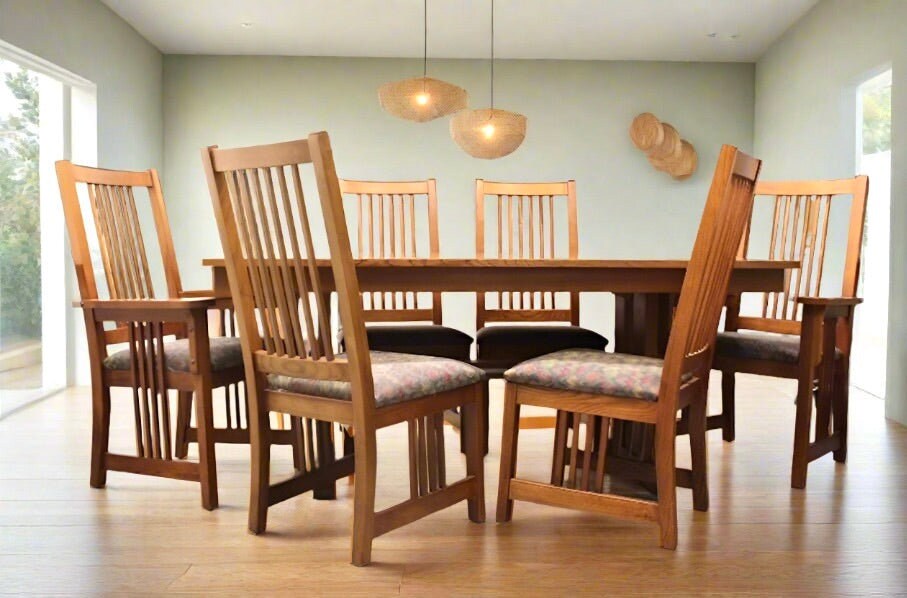 Vintage Bassett Furniture Oak Trestle Table 6 Chairs Mission Style Etsy