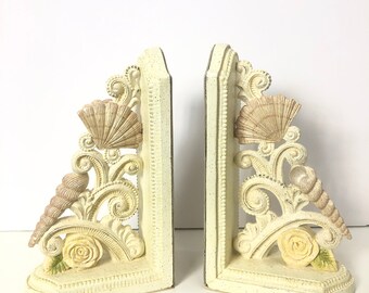 White Cast Iron Seashell Bookends