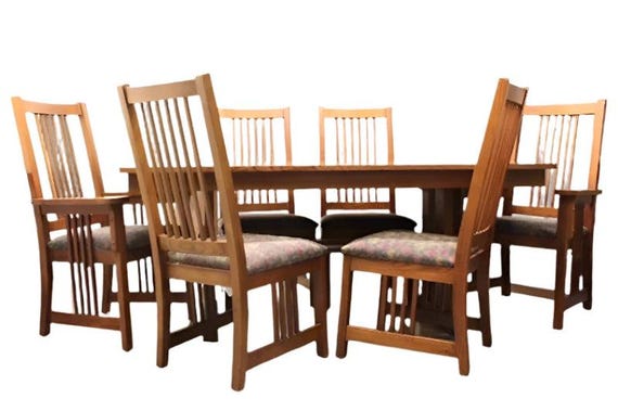 7 Piece Bassett Furniture Red Oak Dining Set | Trestle Table 6