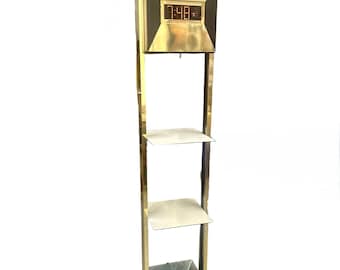 Vintage 1970s Digital Brass Tower Floor Clock | Grandfather Clock with Shelves