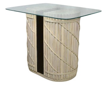 Small Vintage Whitewashed Bamboo Side Table with Glass Top