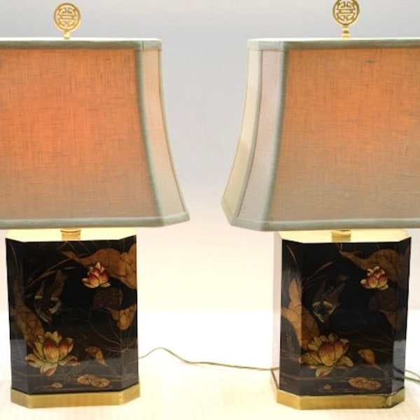 PAIR 1970s Black Lacquer Handpainted Chinoiserie Table Lamps