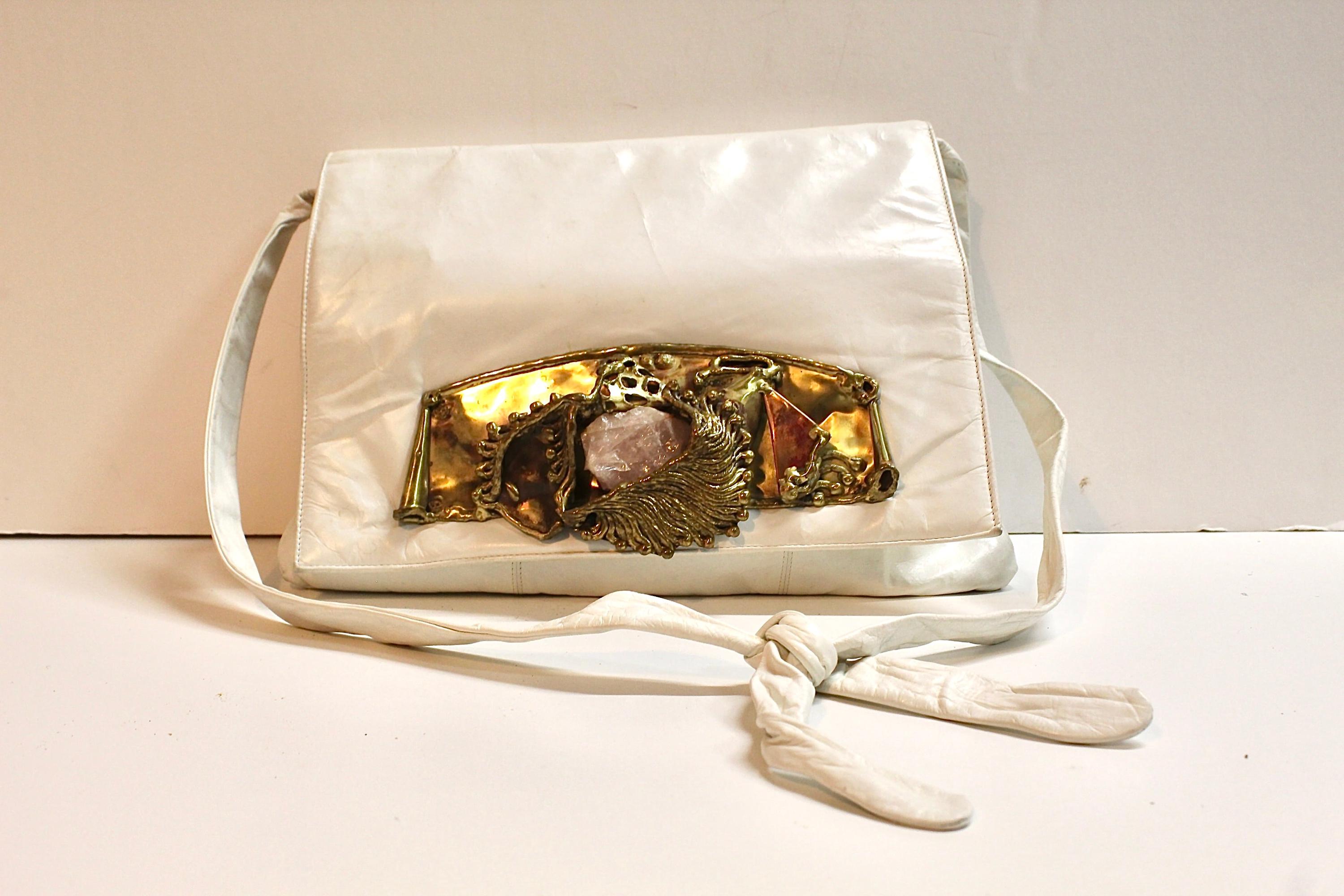 Elegant Vintage Signed White Leather Copa Collection Bucket Style Purse Amethyst Vtg 70 main image 4