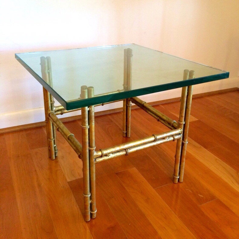 Gold Iron Faux Bamboo Glass Side Table