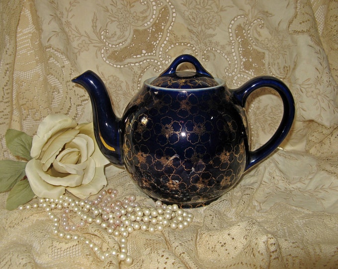 Beautiful Vintage Hall Cobalt Blue Teapot Gold Floral 1940s Etsy