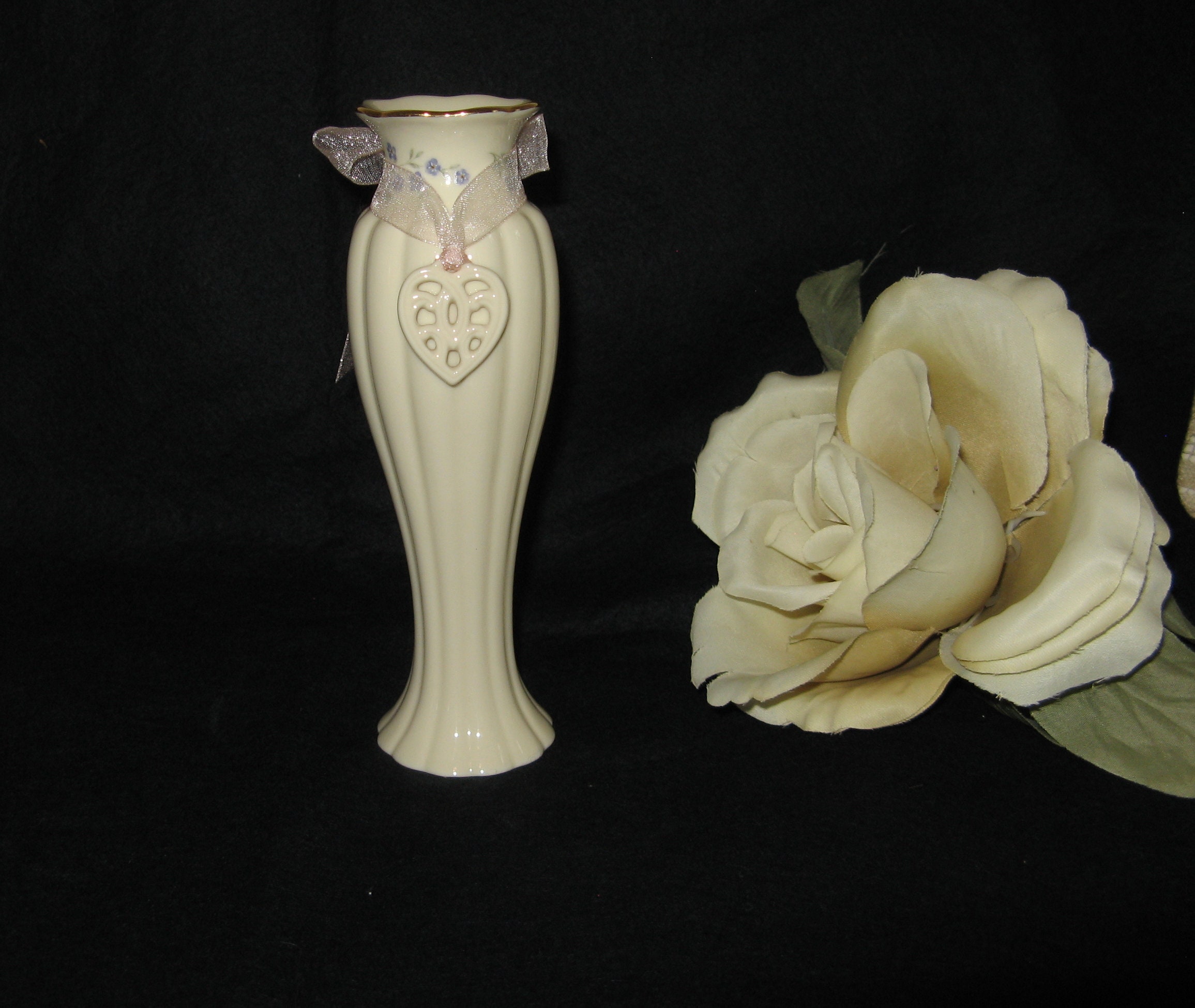 Pink Organza Ribbon Porcelain Heart Charm Vintage Lenox Mother's Day Bud Vase 1980s
