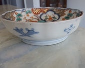 Antique china bowl hand painted cherry blossom trees cranes gold overlay Japanese decorative bowls scalloped rim colorful Asian Oriental art