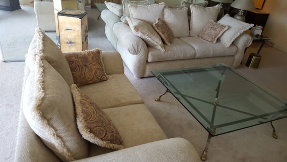 Sofa And Love Seat Set Living Room Furniture Oversized Large Deep Couch Two Cushions Seat Loose Pillow Back Chenille Fringe Trim Davenport