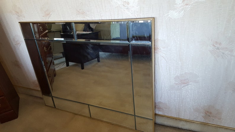 Large Mirror Decorative Wall Hanging Beveled Cut Glass Gold Frame To Hang Either Horizontal Or Vertical Home Decor Room Accent Vintage