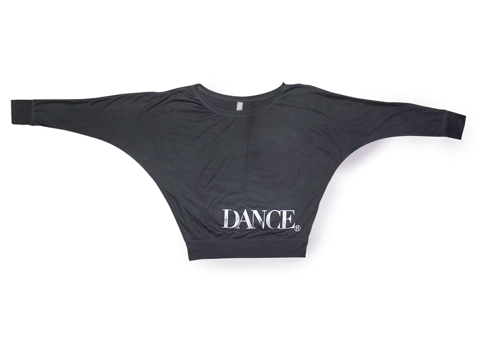 upscale dance shirt - black. long sleeve leotard coverup. flowy soft off-shoulder top for ballet, tap, or jazz dancers.