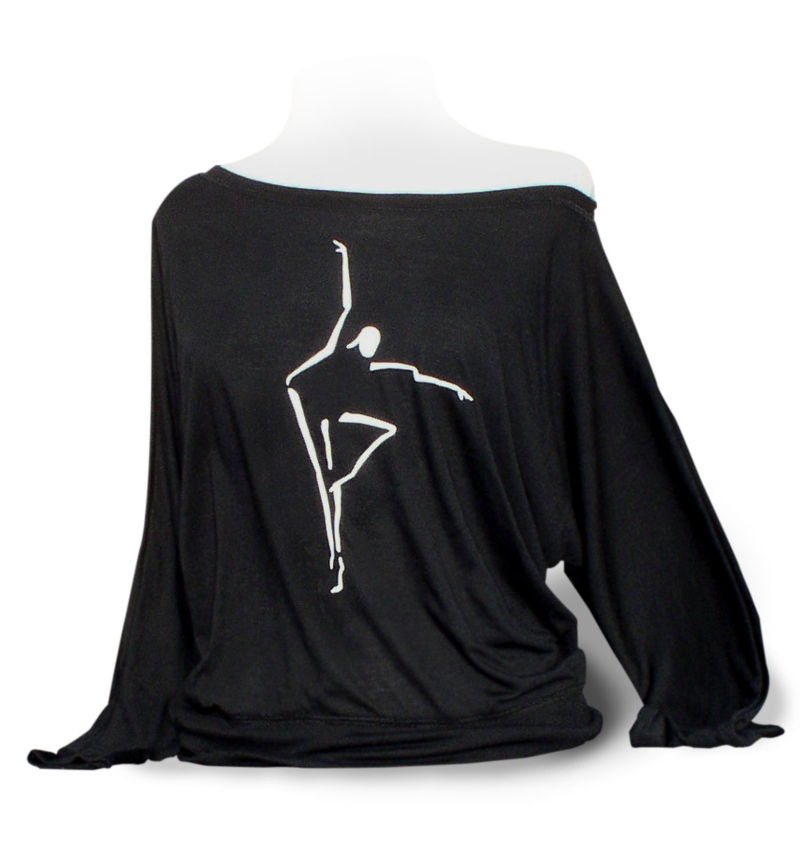 designer dance shirts. ballet shirts. leotard coverups. dancewear. black long sleeve soft flowy off shoulder top.