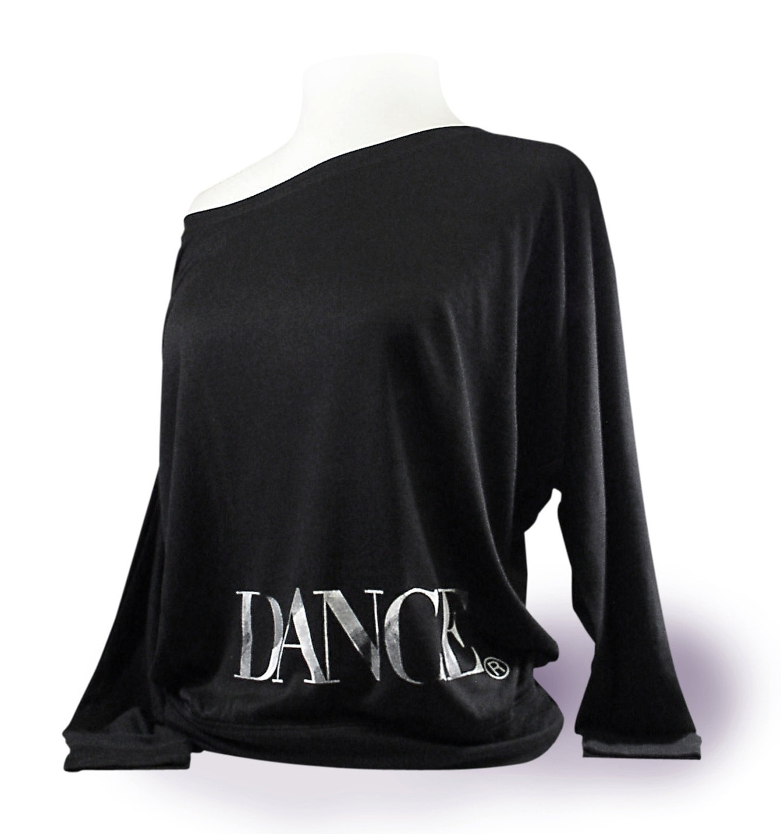upscale dance shirt - black. long sleeve leotard coverup. flowy soft off-shoulder top for ballet, tap, or jazz dancers.