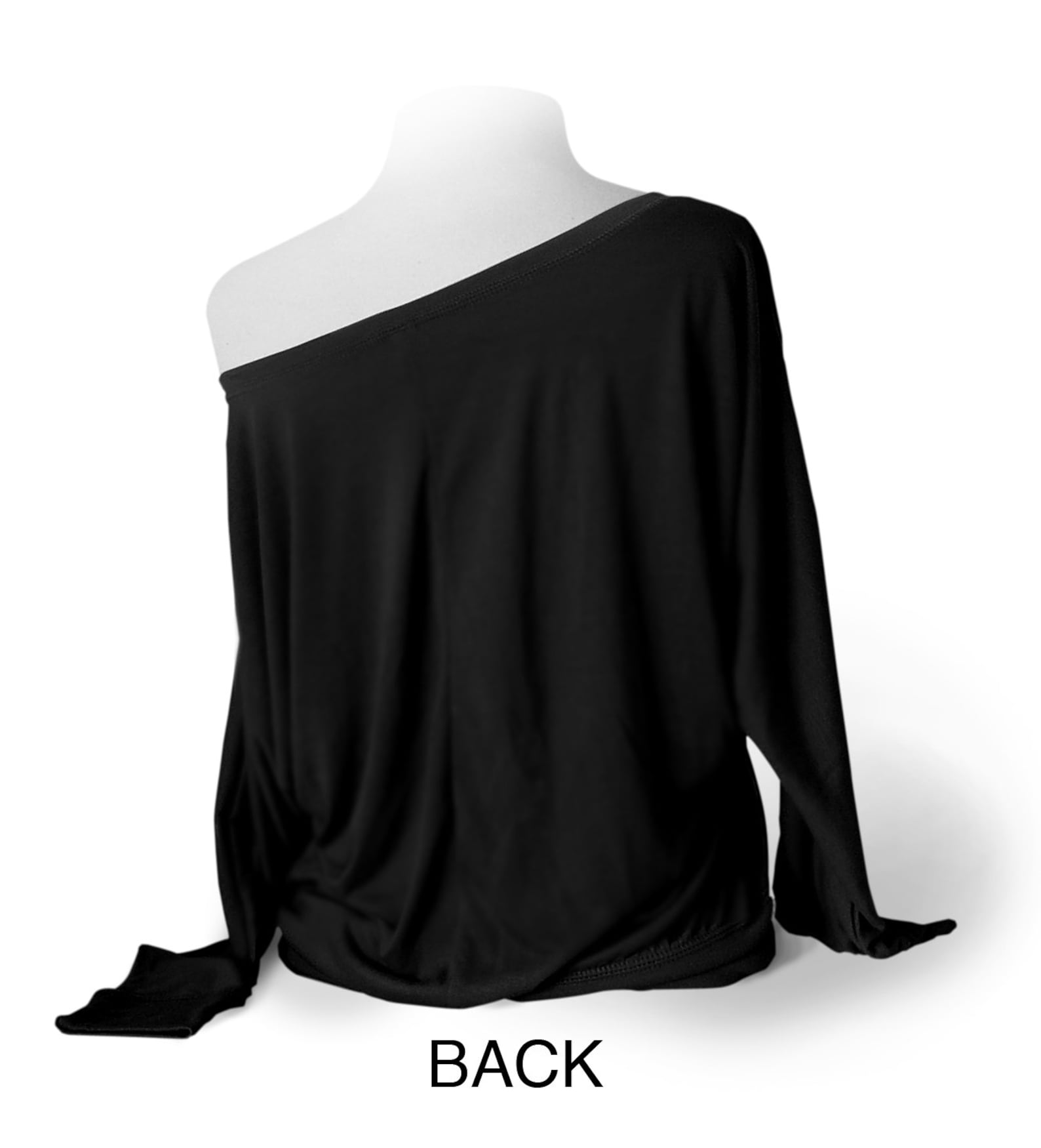 upscale dance shirt - black. long sleeve leotard coverup. flowy soft off-shoulder top for ballet, tap, or jazz dancers.