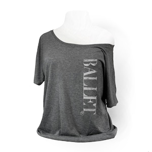 Ballet Tee. Soft Gray Short Sleeve Fluid Fitting T Shirt With Standard Sleeves. Wide Neckline.