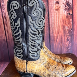May include: A pair of brown leather cowboy boots with a snakeskin pattern on the toe and shaft. The boots have a black leather top with a decorative embroidered design.