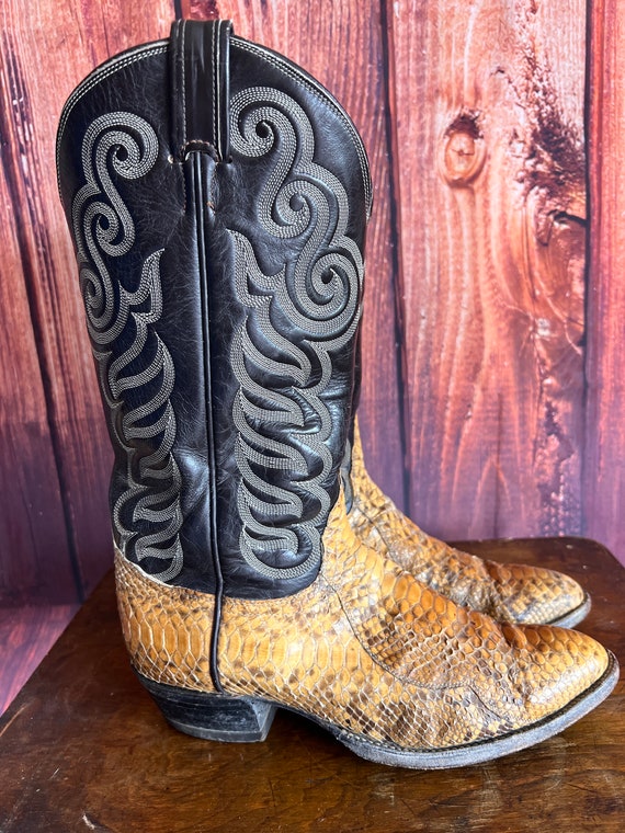Vtg Tony Lama Python Snakeskin/Leather Cowboy Boot