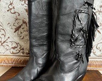 Vintage Zodiac Carson Leather Fringe Cowboy Boot 8.5M Black
