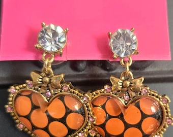 Vintage BETSEY Johnson Pink School Girl Collection Polka Dot Heart Earrings