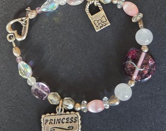 Vintage 1990s Princess Beaded Bracelet Amethyst & Rose Quartz 925 Silver Charms
