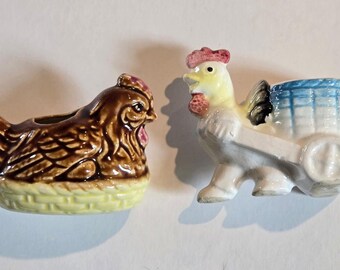 Vintage Ceramic Hen and Rooster Toothpick Holders