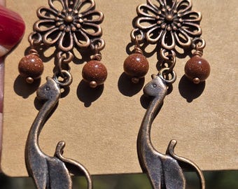 Feline Copper Kitty Cat Earrings with Goldstone