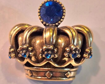 Vintage Trifari Crown Brooch Pin Blue Rhinestones